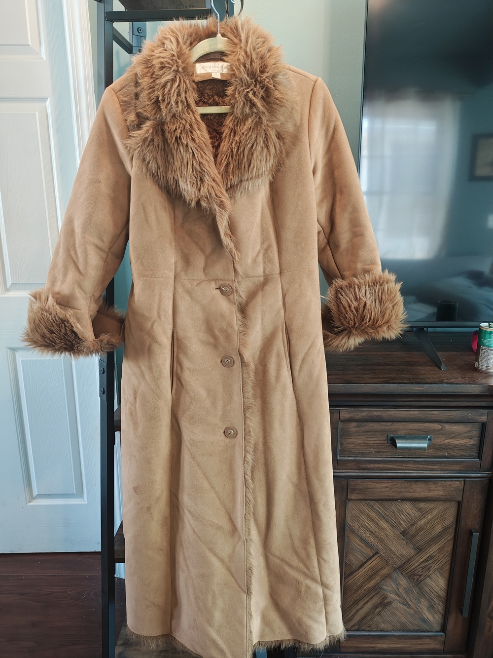 Jones New York Long Tan Faux Suede Trench Coat with Faux Fur Trim
